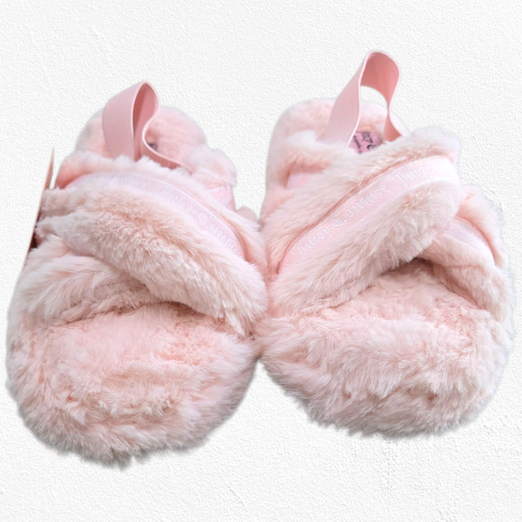 Juicy Couture Pink Faux Fur Slippers Size 8 Crisscross Fluffy Lounge Sandals - Picture 3 of 13